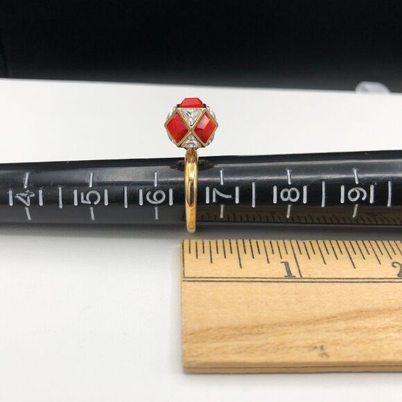 Henri Bendel Cocktail Ring Size 6.5 Red Coral Crystals Gold Plate Geometric Ball - Picture 6 of 8